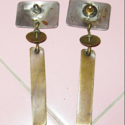 MS Pair Studio Artist Earrings Mixed Metal Signed Dom Pierced Mod Modernist