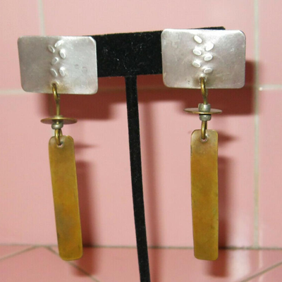 MS Pair Studio Artist Earrings Mixed Metal Signed Dom Pierced Mod Modernist
