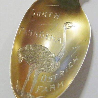 MS Sterling Silver Souvenir Spoon Ostrich Farm South Pasadena California Cawston