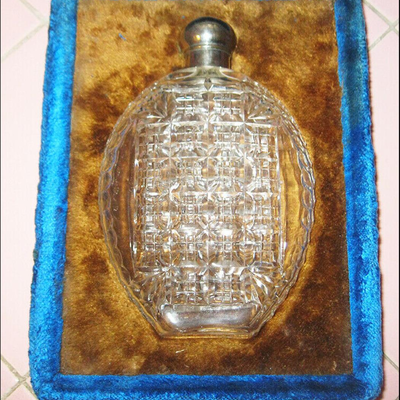 MS Antique Crystal Cut Glass Flask with Decorated Fitted Velvet Box Silver Stopper