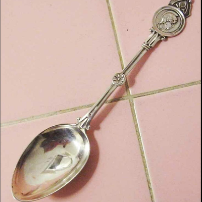 MS Antique 1870 Coin Sterling Silver Teaspoon Medallion Schulz Fischer Woman Helmet