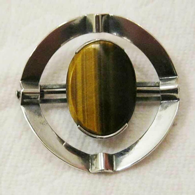 MS Mid Century Modern Kupittaan Kulta Tigers Eye Brooch Pin Finland 813H Silver