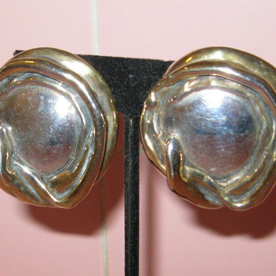 MS Vintage Pair Sterling Mixed Metals Designer Earrings  GW Clip Modernist