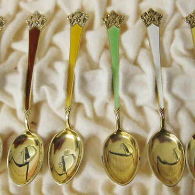 MS NM Thune Norway 12 Sterling Silver & Guilloche Enamel Demitasse Spoons Gold Wash