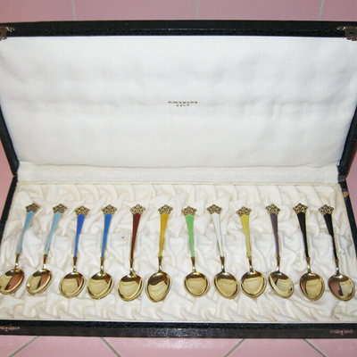 MS NM Thune Norway 12 Sterling Silver & Guilloche Enamel Demitasse Spoons Gold Wash