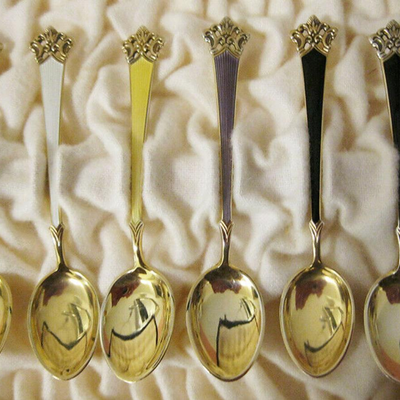 MS NM Thune Norway 12 Sterling Silver & Guilloche Enamel Demitasse Spoons Gold Wash