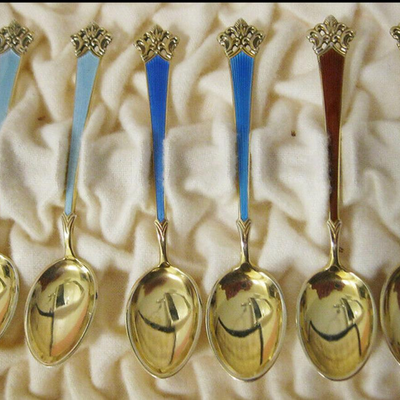 MS NM Thune Norway 12 Sterling Silver & Guilloche Enamel Demitasse Spoons Gold Wash