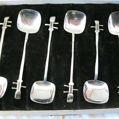 MS Vintage 6 Sterling Silver Teaspoons Japan Lute Design Demitasse Coffee Tea Case