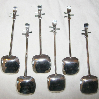 MS Vintage 6 Sterling Silver Teaspoons Japan Lute Design Demitasse Coffee Tea Case