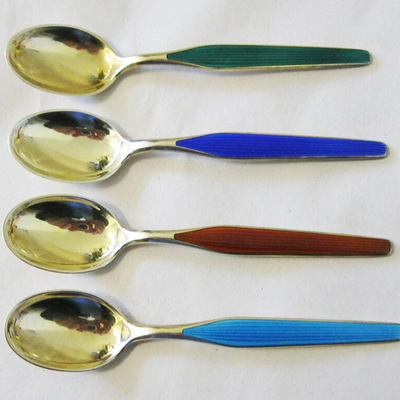 MS 4 Sterling Demitasse Spoons Norway Theodor Olsens Eftf Gold Wash Enamel 925 Mod