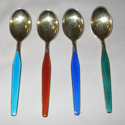 MS 4 Sterling Demitasse Spoons Norway Theodor Olsens Eftf Gold Wash Enamel 925 Mod