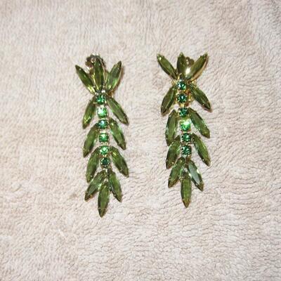 MS Pair Vintage Olive Green Crystal Dangle Earrings 1970s