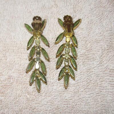 MS Pair Vintage Olive Green Crystal Dangle Earrings 1970s