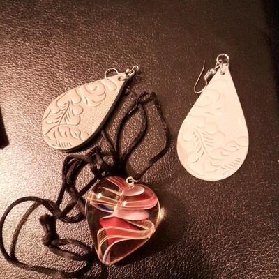Glass Heart Necklace & leather earrings