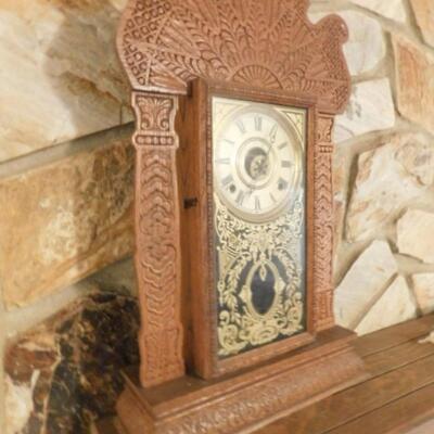 Antique Gingerbread Mantle Clock with Reverse Glass Paint
