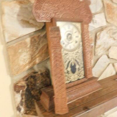 Antique Gingerbread Mantle Clock with Reverse Glass Paint