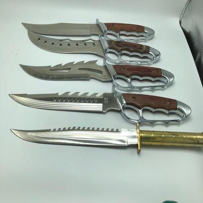 Four Frost Cutlery Bowie Knives & Brass Handled Frost Survival Knife w/Sheathes (B-MG)