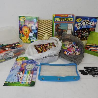 Kids Coloring/Art Lot: 4 Books, Book art paper, Crayons, Markers, Foam Stickers