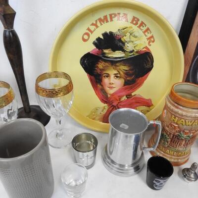 27 pc Kitchen Wine/Beer Decor: Basket, Tray, Glasses, Shot Glasses, Steins