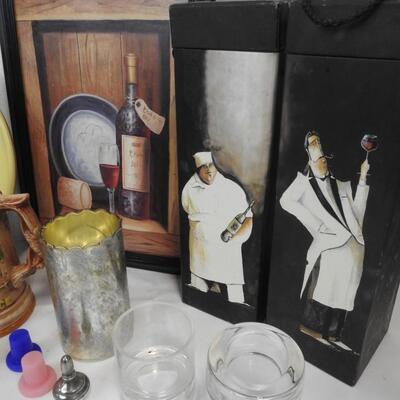 27 pc Kitchen Wine/Beer Decor: Basket, Tray, Glasses, Shot Glasses, Steins