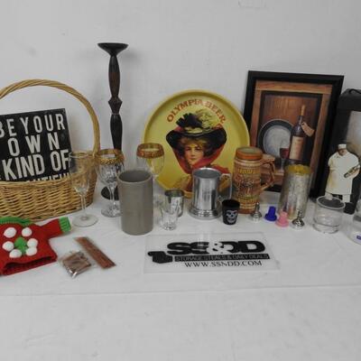 27 pc Kitchen Wine/Beer Decor: Basket, Tray, Glasses, Shot Glasses, Steins