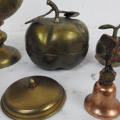 7 pc Metal Decor: Brass, Copper, etc. Apples, Bells, Containers