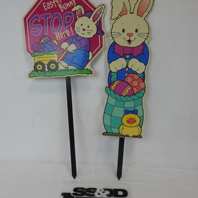 2 pc Easter Yard Decor Stakes :Easter Bunny Stop Here!" 34" tall