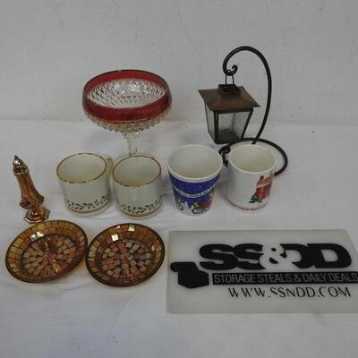 8 pc Lot, 4 Mugs, Two Small Plates, Large Wine Glass, Hanging Light. Vintage Candy Dish Pedastal