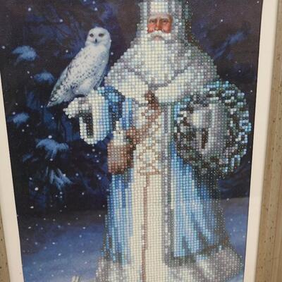 2 Framed Santa Diamond Art Pieces White/Blue w/ Owl & Red/Green/Gold w/ Lantern