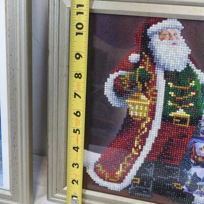 2 Framed Santa Diamond Art Pieces White/Blue w/ Owl & Red/Green/Gold w/ Lantern