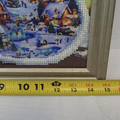 2 Framed Santa Diamond Art Pieces White/Blue w/ Owl & Red/Green/Gold w/ Lantern