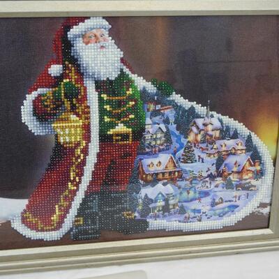 2 Framed Santa Diamond Art Pieces White/Blue w/ Owl & Red/Green/Gold w/ Lantern