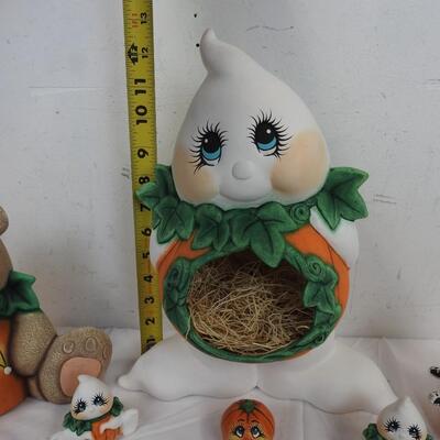6 pc Hand Painted Ceramic Decor, Halloween Theme, Ghost, Bear, Pumpkins
