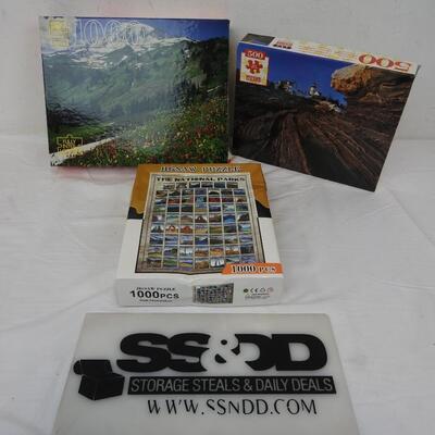 3 puzzles: 1000 pc Mtns/Flowers, 500 pc Rocks/Lighthouse, 1000 pc National Parks
