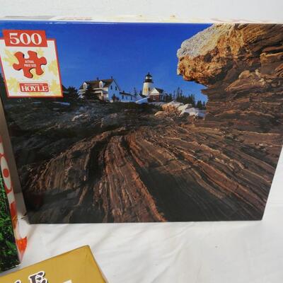 3 puzzles: 1000 pc Mtns/Flowers, 500 pc Rocks/Lighthouse, 1000 pc National Parks
