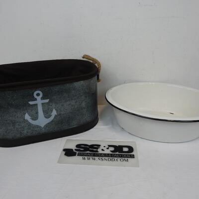 Metal Bin with Anchor/Fabric Lining/Rope Handles. Oval Basin, Metal/White Enamel