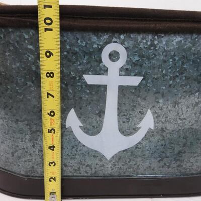 Metal Bin with Anchor/Fabric Lining/Rope Handles. Oval Basin, Metal/White Enamel