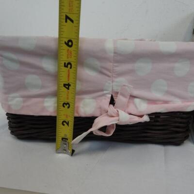 4 Storage Bins: Brown/White Baskets with Pink Liners, Brown Cube, Pink Basket