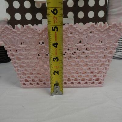 4 Storage Bins: Brown/White Baskets with Pink Liners, Brown Cube, Pink Basket