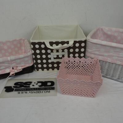 4 Storage Bins: Brown/White Baskets with Pink Liners, Brown Cube, Pink Basket