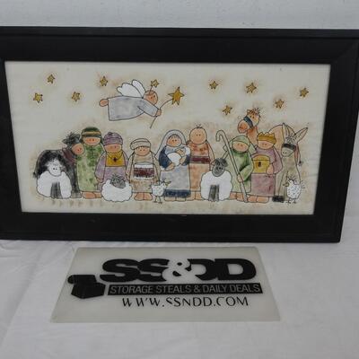 Stitched & Framed Nativity Scene, Primitive Style, Religious Holiday Decor