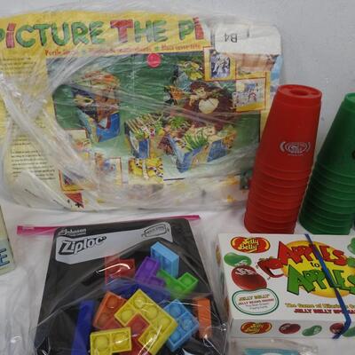 14pc Games, Puzzle, Stacking Cups, Checkers, Yahtzee, Apples to Apples, Old Maid
