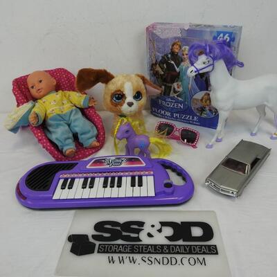 9 pc Kids Toys: Doll, Carrier, Horses, Sunglasses, Frozen Puzzle, Keyboard, Car