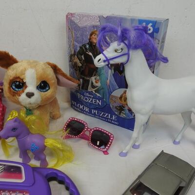 9 pc Kids Toys: Doll, Carrier, Horses, Sunglasses, Frozen Puzzle, Keyboard, Car