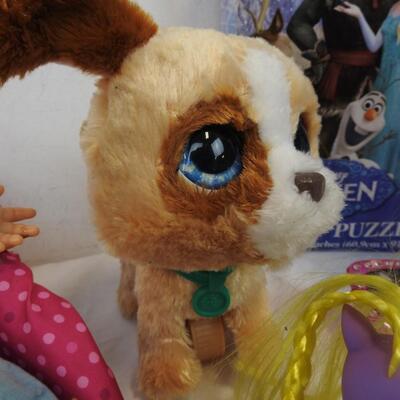 9 pc Kids Toys: Doll, Carrier, Horses, Sunglasses, Frozen Puzzle, Keyboard, Car