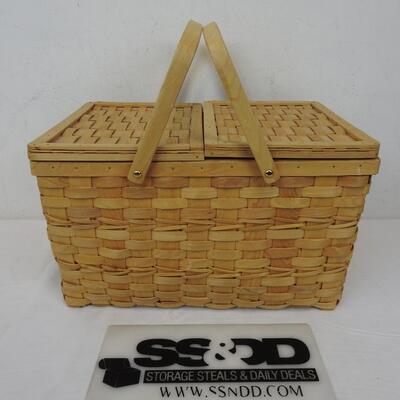 Wooden Picnic Basket with Handles & Hinged Top 18x12x10, Light Brown
