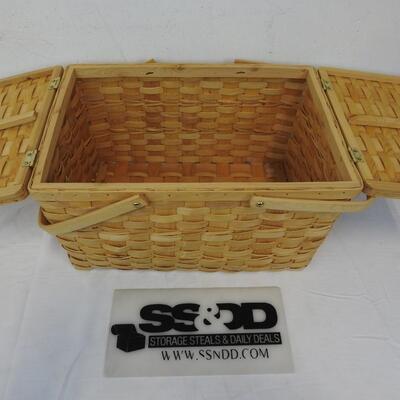 Wooden Picnic Basket with Handles & Hinged Top 18x12x10, Light Brown