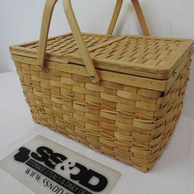 Wooden Picnic Basket with Handles & Hinged Top 18x12x10, Light Brown