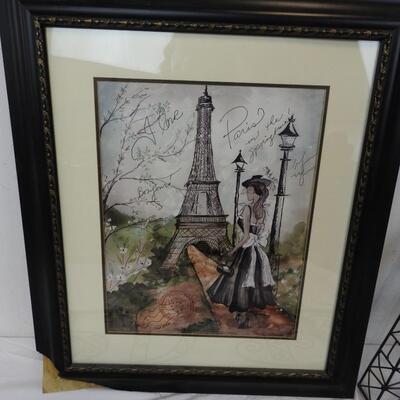 4 pc Paris Decor: Framed Print (damaged frame), Metal wall Decor, Shower Curtain