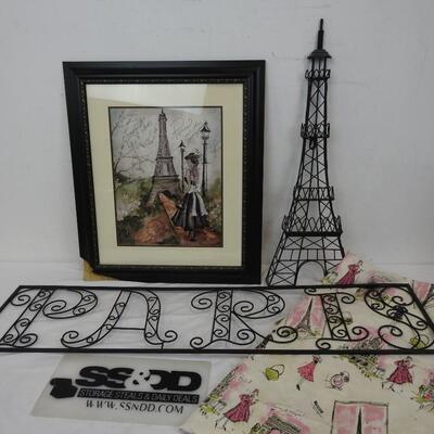 4 pc Paris Decor: Framed Print (damaged frame), Metal wall Decor, Shower Curtain